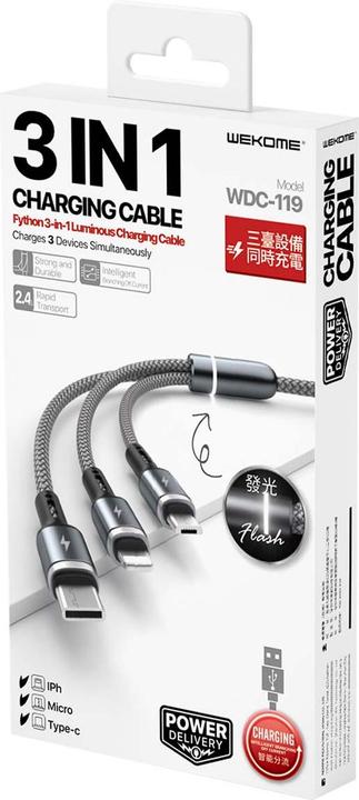 Image du produit Wekome Câble USB 3en1 PD 1.2m charge rapide (1.20 m)