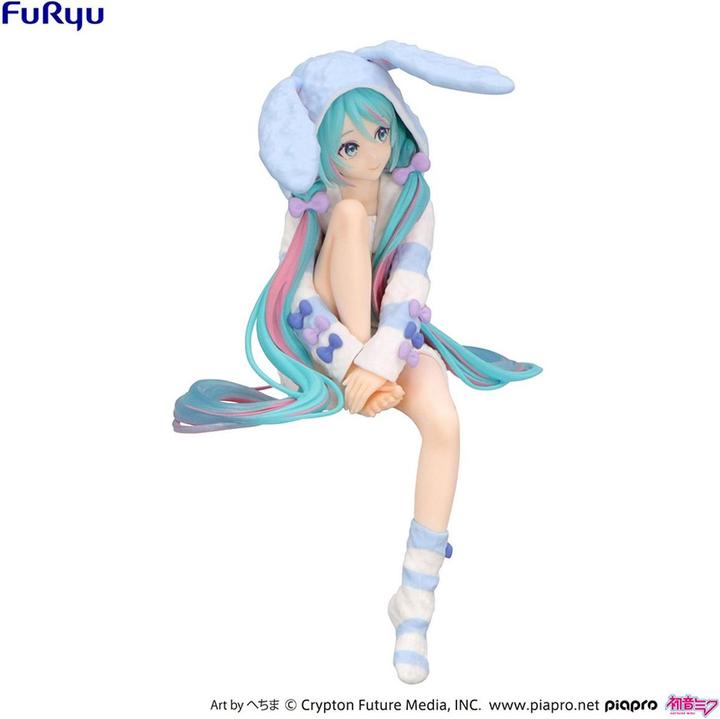 Actual product image Furyu Hatsune Miku Noodle Stopper PVC Statue Hatsune Miku Rabbit Ear Hood Pajama Blue Color Ver. 14 cm