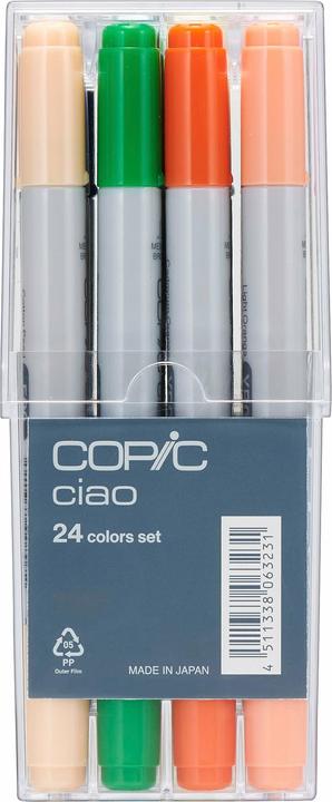 Produktbild Copic Marker ciao, 24er Set (R29 (Lipstick Red), 100 (Black), B29 (Ultramarine), E29 (Burnt Umber), YR07 (Cadmium Orange), YG06 (Yellowish Green), G00 (Jade Green), BV00 (Mauve Shadow), BV02 (Prune), E21 (Soft Sun), Y00 (Barium Yellow), BG23 (Coral Sea), Y08 (Acid Yellow), G05 (Emerald Green), B00 (Frost Blue), B24 (Sky))