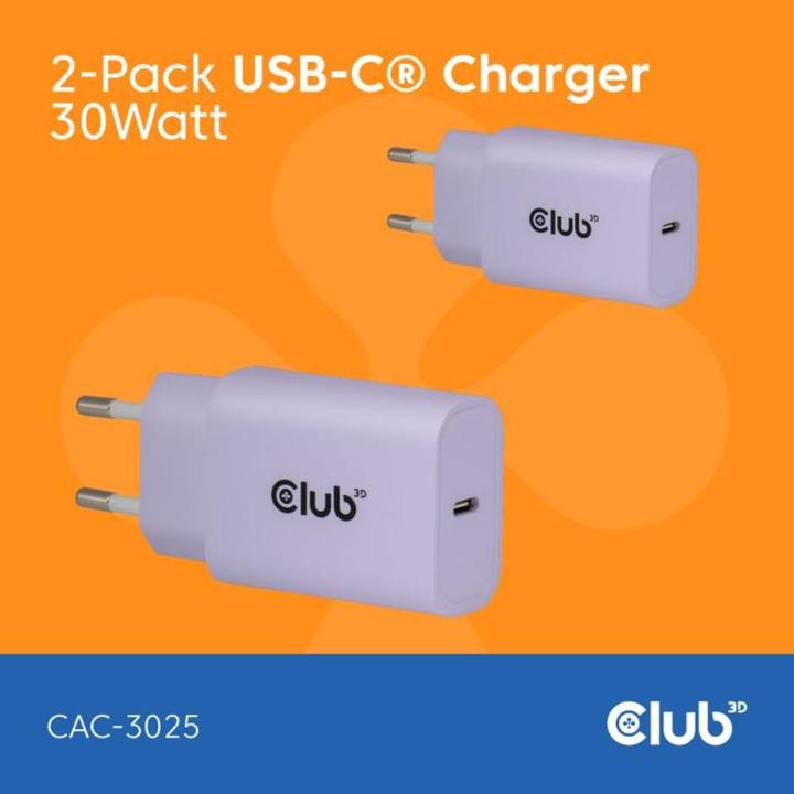 Actual product image Club 3D Club3D Lifestyle Ladegerät USB-C 30Watt, 2Stk lila retail (30 W, 1 portion)