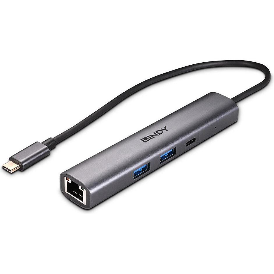Lindy USB 3.2, Gen 2, Type C Hub & Gigabit, Ethernet (USB-C, 3 Ports), Dockingstation + USB Hub, Grau