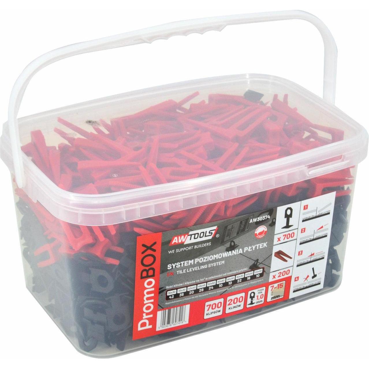 Thumbnail - Awtools, Zubehör Verlegematerial, SYSTEM POZIOMOWANIA PŁYTEK PROMO BOX 1,0mm - 7-15mm - KLIPS 700szt. + KLIN 200szt.