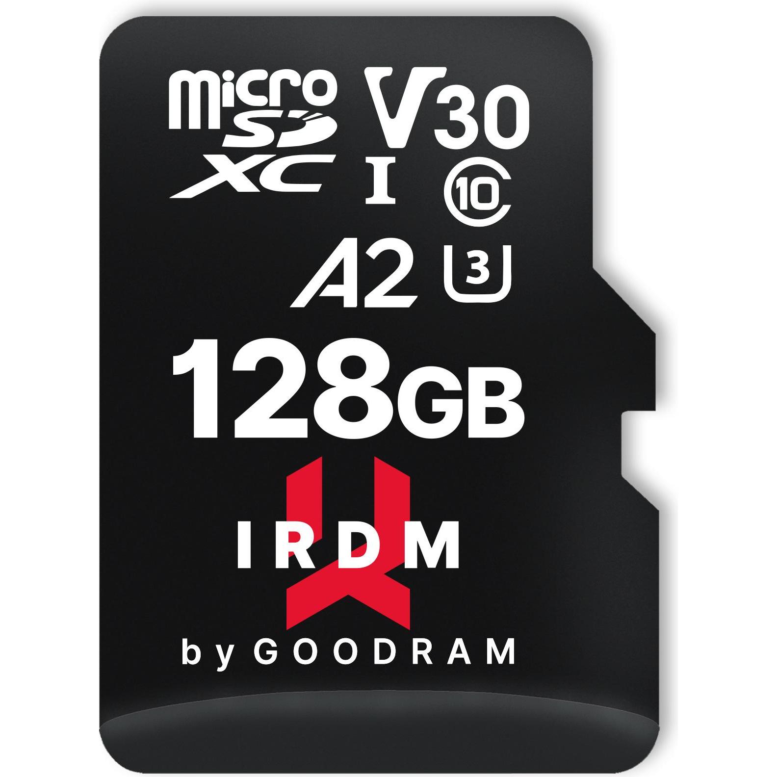 Thumbnail - Goodram IRDM microSDXC 128GB V30 UHS-I U3 + adapter (128 GB, microSDXC, U3, UHS-I), Speicherkarte, Schwarz