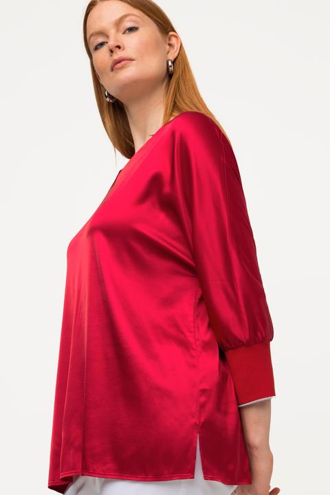Immagine prodotto Ulla Popken Blusa con raso, scollo a V e maniche a 3/4 a pipistrello (50, 52)