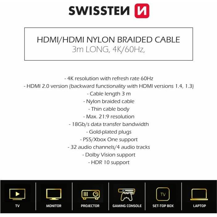 Thumbnail - Swissten Cable HDMI To HDMI 4K 60Hz 3.0 M (3 m, HDMI), Video Kabel