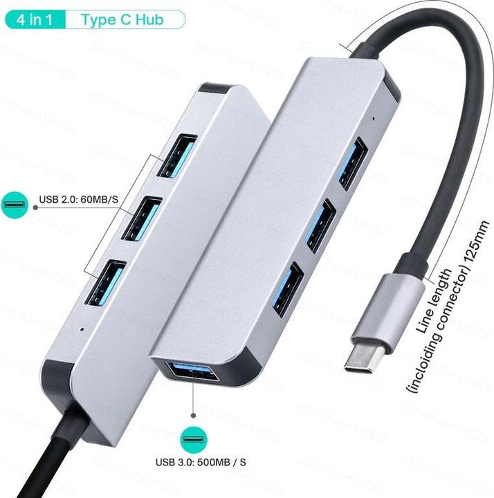 Actual product image Hermex Docking Station Multi USB Hub USB-C 4in1 USB-A 3.0/2.0 4-port (USB-C, 4 ports)