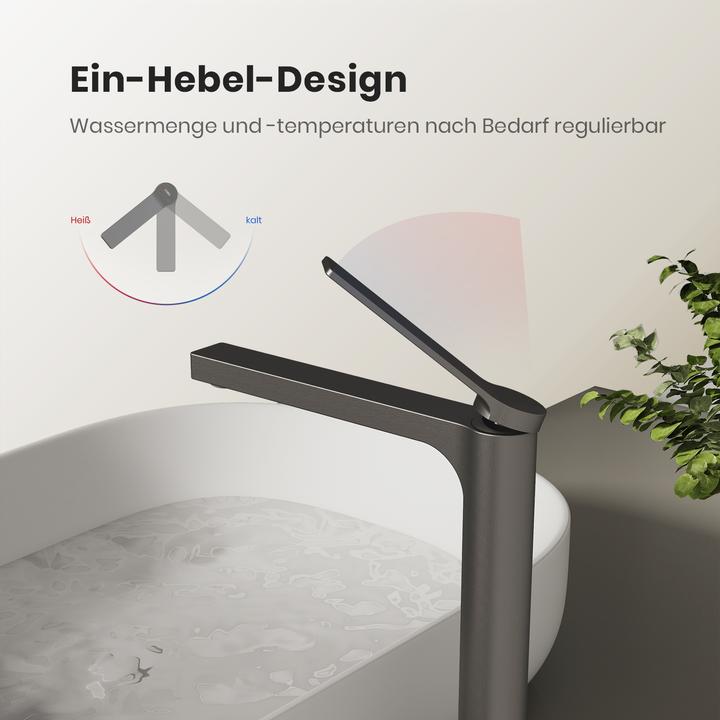 Produktbild Emke Wasserhahn Bad, Anthrazit, Mischbatterie Waschbecken, Messing, mit Luftsprudler, Keramikkartusche, e