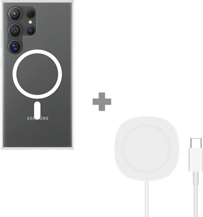 Produktbild Cazy Galaxy S24 Ultra Soft TPU (Kompatible MagSafe) - Clear + Magnetic Wireless Charger Pad - Weiss (Samsung Galaxy S24 Ultra)