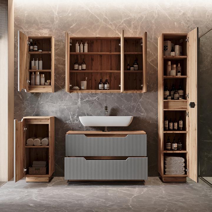 Actual product image Vicco Waschbeckenunterschrank Lotta, Eiche/Grau, 99.4 x 62.5 cm mit 2 Schubladen (99.40 x 32 x 62.50 cm)