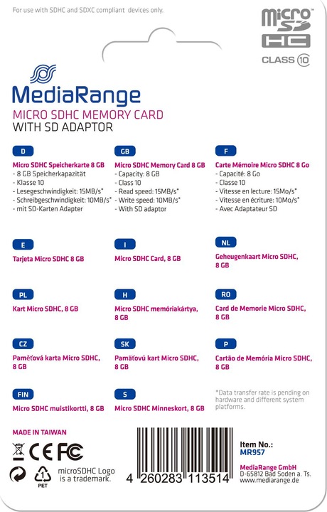 Actual product image MediaRange MR957 (8 GB, microSDHC, U1, UHS-I)