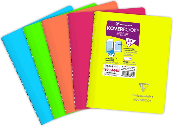 Image du produit Clairefontaine Carnet reliure intégrale enveloppante Koverbook Neon A5 160 pages petits carreaux couverture polypro (A5, Quadrillé, Non contraignant)