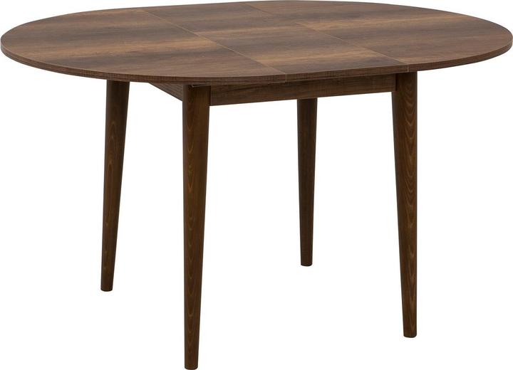 Table top: Walnut, Table legs: Brown, Chairs: Navy blue