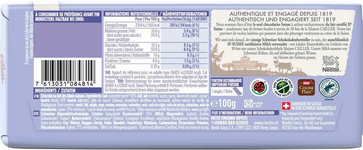 Valori nutrizionali e ingredienti Cailler Tavoletta di Cioccolato al Latte (100 g)