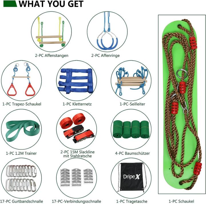 Produktbild Dripex Ninja Slackline Set mit Hindernisparcours (30m, 10 Hindernisse) (30 m)