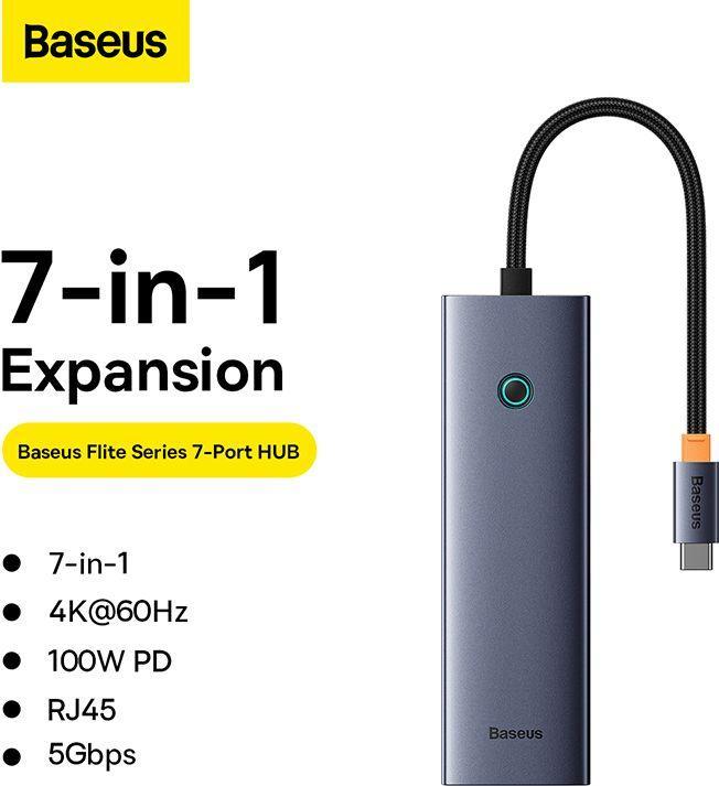 Produktbild Baseus Hub 7w1 UltraJoy 7-Port ( USB-C to 1xHDMI4K@30Hz + 2xUSB 3.0 + 1xPD +RJ45 + SD/TF3.0) (USB-C, 7 Ports)