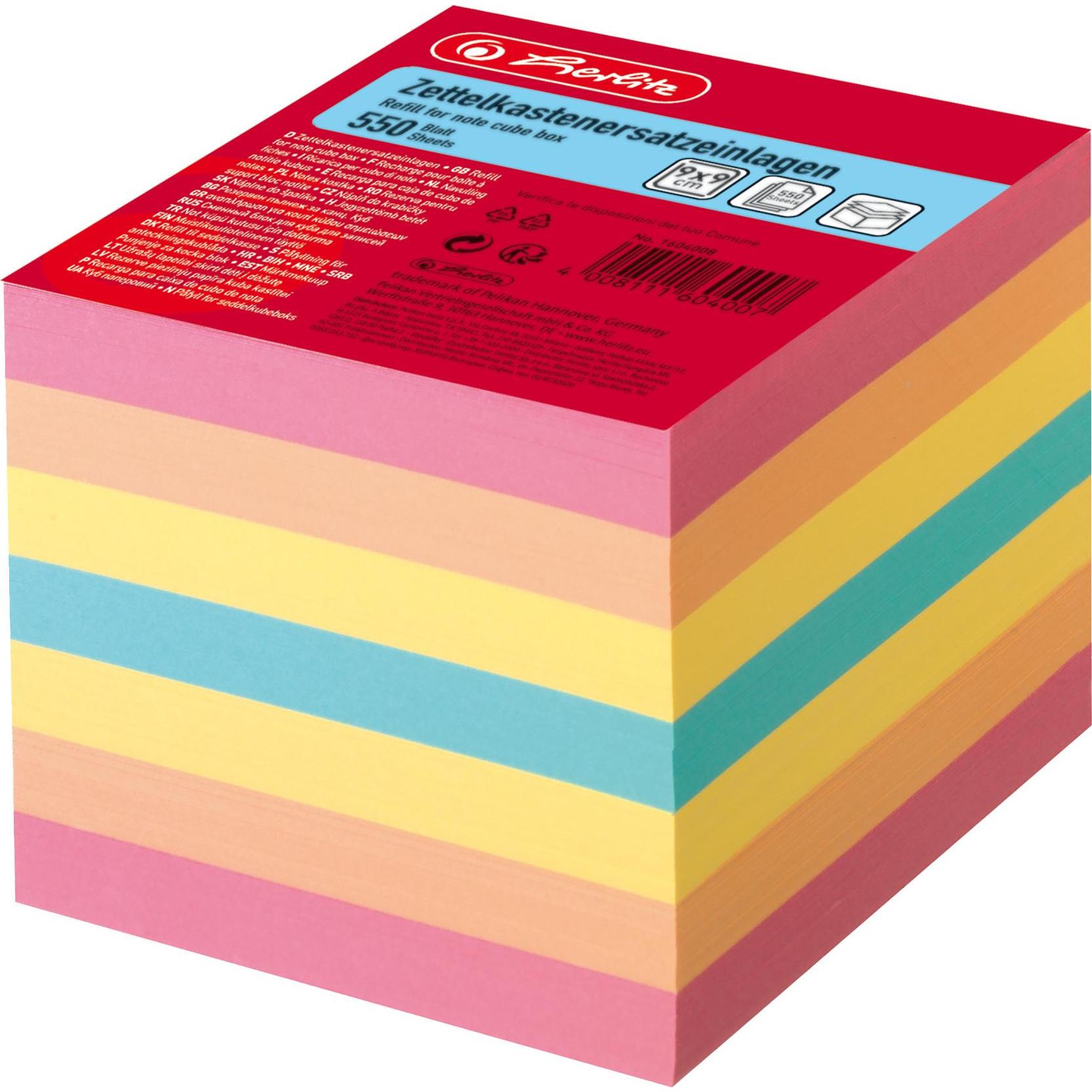 Herlitz, Haftnotiz, Zettelboxeinlagen, 90 x 90 mm, farbig 80 g-qm, Inhalt: 550 Blatt (lose) (9 x 9 cm)