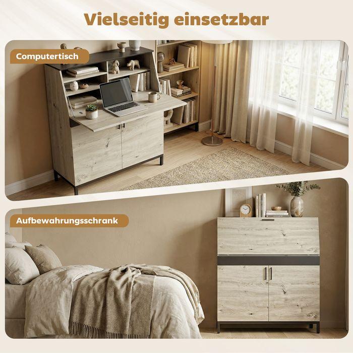 Actual product image Swisshandel24 Industrieller Sekretär-Schreibtisch, Regalen, Metallrahmen, 100cm, Naturholz, Schwarz (100 x 40 x 80 cm)