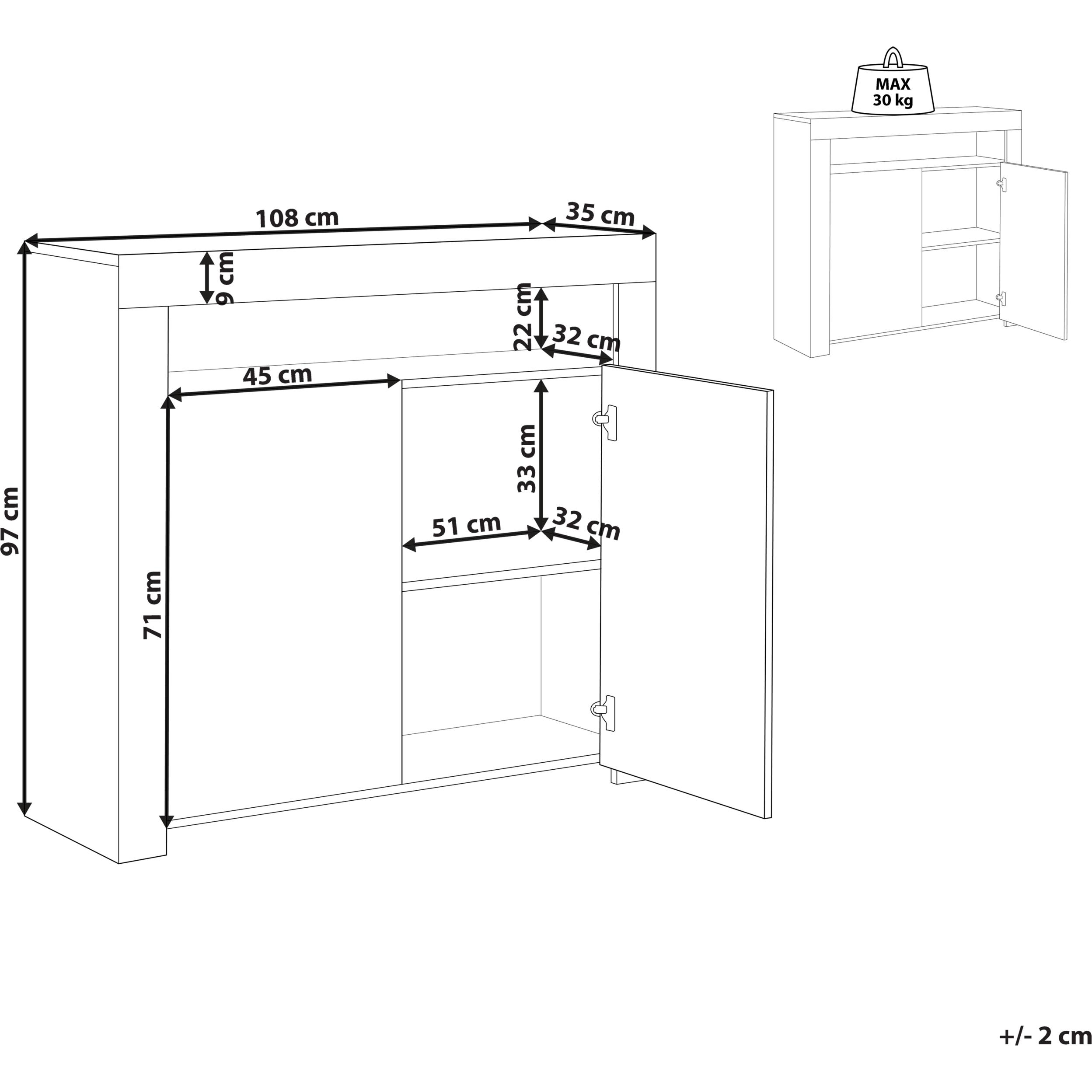 Thumbnail - Beliani, Kommode + Sideboard, Sideboard weiss mit LED-Beleuchtung 2 Türen COVINA (108 x 35 x 97 cm)