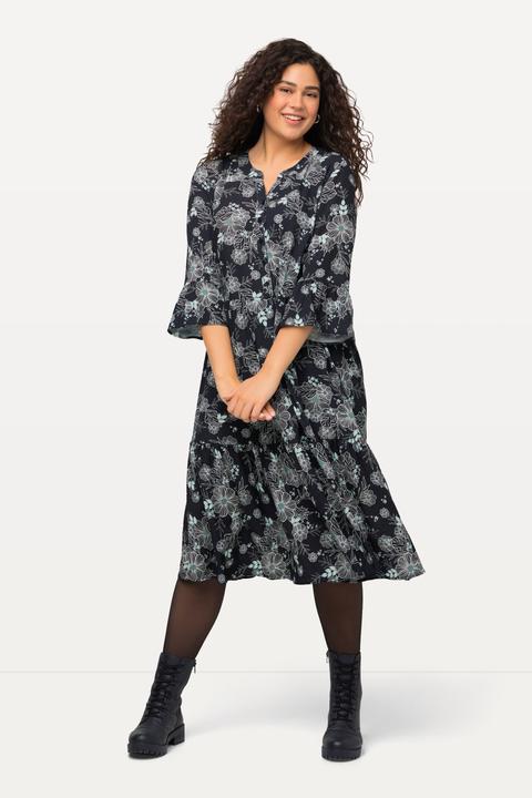 Produktbild Ulla Popken Midikleid, Volants, A-Linie, Tunika-Ausschnitt, 3/4-Arm (50, 52)