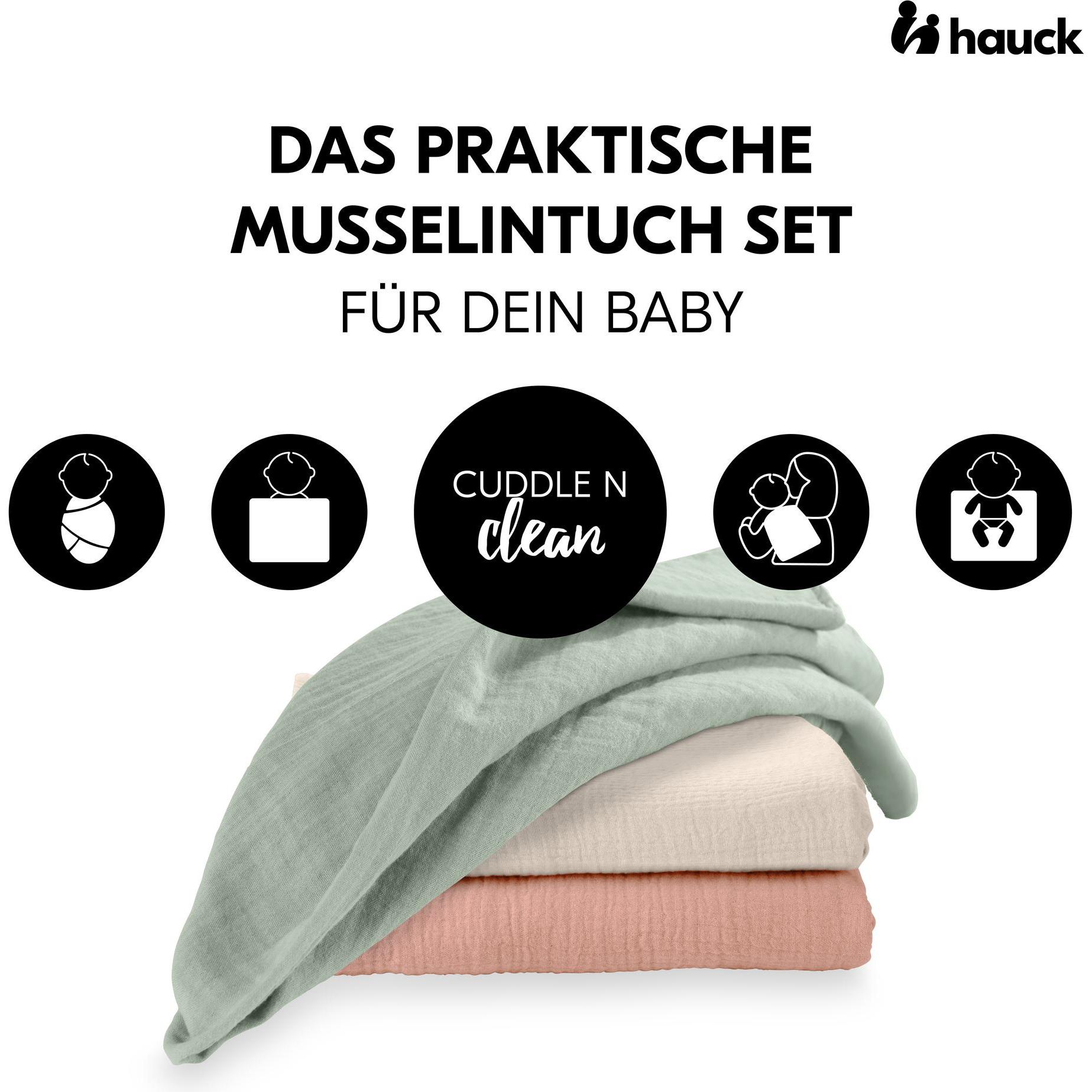 Thumbnail - Hauck, Pucktuch + Nuscheli, Cuddle N Clean 3Set Sage/Beige/ Cork (80 cm, 80 cm)