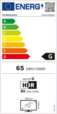 Energy Label LG 43UN74003LB - 109.2 cm (43 inch) - 3840 x 2160 pixel - LED - Smart-TV - WLAN - S (43", LED, 4K, 2020)