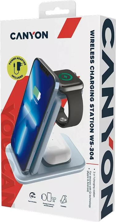 Image du produit Canyon WS-304, Chargeur sans fil pliable 3en1, avec bouton tactile pour l'éclairage de l'eau, Entrée (15 W)