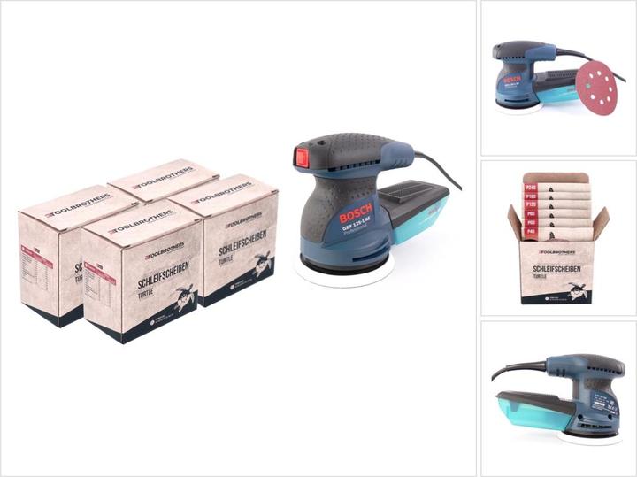40x Toolbrothers TURTLE 125 mm P240, 40x Toolbrothers TURTLE 125 mm P180, 40x Toolbrothers TURTLE 125 mm P80, 40x Toolbrothers TURTLE 125 mm P120, 1x Bosch GEX 125-1 AE excentrische schuurmachine, 1x schuurpapier K80, 40x Toolbrothers TURTLE 125 mm P40, 40x Toolbrothers TURTLE 125 mm P60