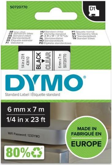 Produktbild Dymo D1 - Standardetiketten - Schwarz auf Transparent - 6mm x 7m (0.60 cm, Schwarz)