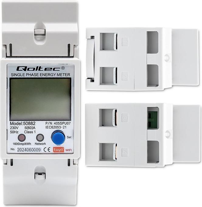 Produktbild Qoltec 50882 Single phase electronic energy consumption meter for DIN rail | Wi-Fi | TUYA | 230V | L