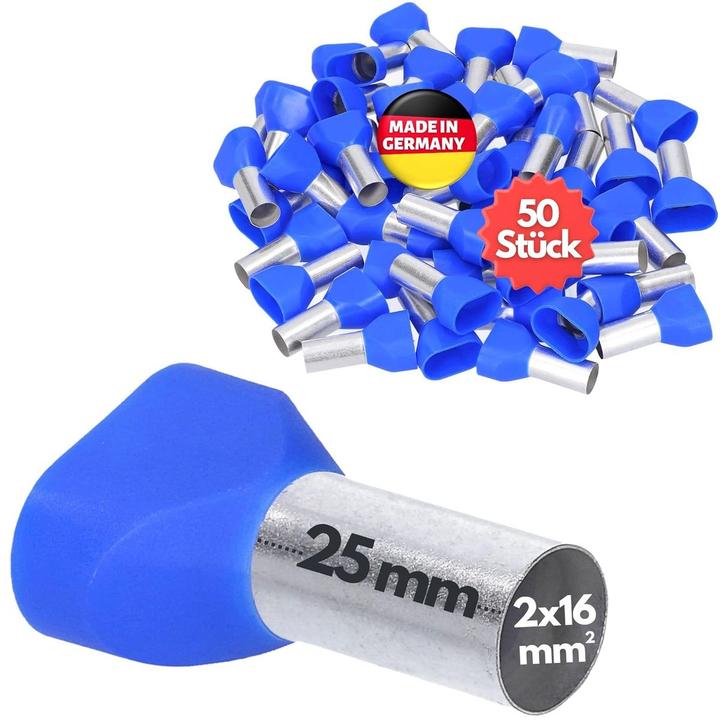 Kalitec 50 Stück AET1625BL Zwillingsaderendhülsen isoliert 2x16,0mm² 25mm lang blau I Made in German