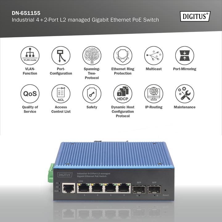 Produktbild Digitus Industrial 4+2-Port L2 managed Gigabit Ethernet PoE Switch (4 Ports)