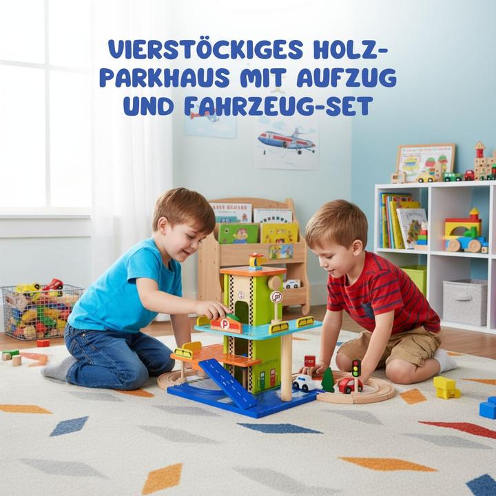 Produktbild Hermex Holz-Parkhaus für Kinder mit Zubehör Parkgarage Spielzeug Spielgarage