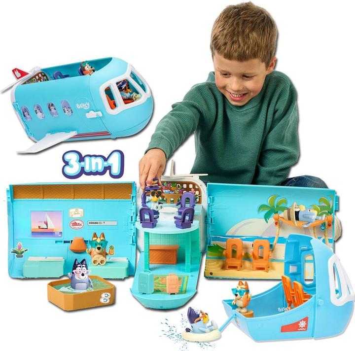 Actual product image Moose Bluey transformation playset Holiday 3in1 aeroplane-boat-hotel