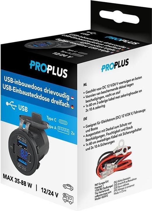 Produktbild ProPlus USB-Einbausteckdose dreifach mit 2x Typ A und 1x Typ C + Voltmeter
