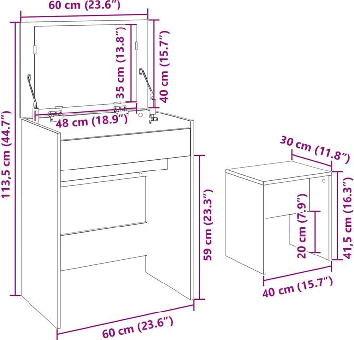 Image du produit vidaXL Coiffeuse avec tabouret 60 x 40 x 113,5 cm (60 x 40 x 75 cm)