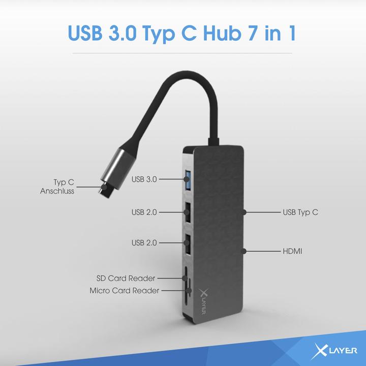 Produktbild Xlayer USB 3.0 HUB Typ-C 7-IN-1 Grey (USB-C, 7 Ports)