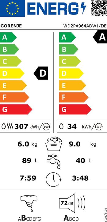 Energie-Label Gorenje WD2PA964ADW1/DE Waschtrockner D/A-30% 9/6kg 1400U Wifi Inverter Motor