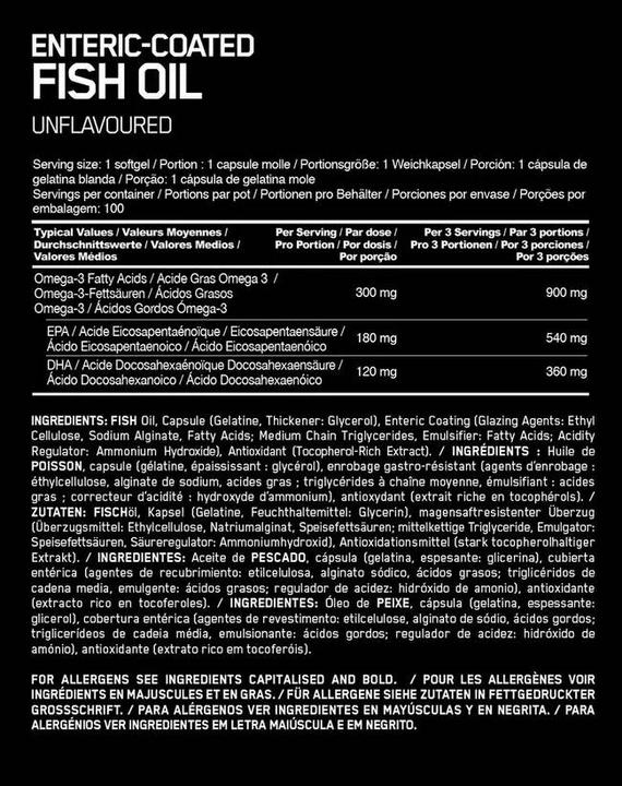 Nutritional values and ingredients Optimum Nutrition Fish Oil (100 Piece, Capsules, 250 g)