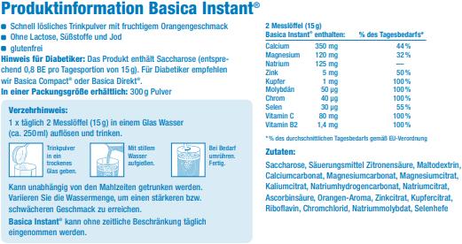 Valori nutrizionali e ingredienti Basica Bevande istantanee in polvere all'arancia (1 Pezzo/i, Polvere, 300 g)
