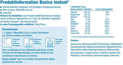 Nährwerte und Zutaten Basica Instant Getränke Pulver Orange (1 Stück, Pulver, 300 g)
