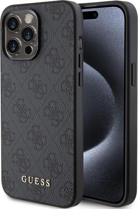 Actual product image Guess GUHCP15LG4GFGR iPhone 15 Pro 6.1" szary/grey hard case 4G Metal Gold Logo (Apple iPhone 15 Pro)