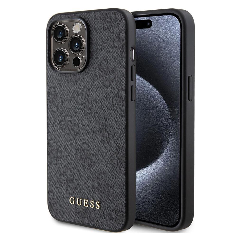 Guess GUHCP15XG4GFGR IPhone 15 Pro Max 6.7" Szary/grey Hard Case 4G Metal Gold Logo (Apple IPhone 15 Pro Max), Smartphone Hülle, Grau