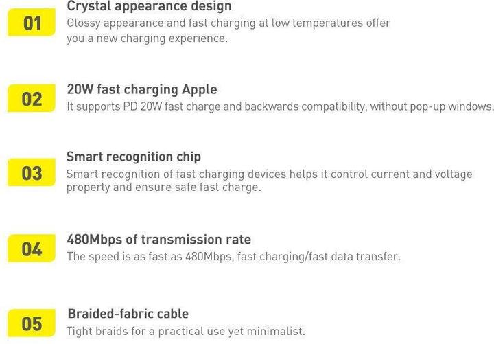 Image du produit Baseus Crystal Shine Series Fast Charging Data Cable Type-C to iP 20W 2m Black (2 m, USB 2.0, 20 W)