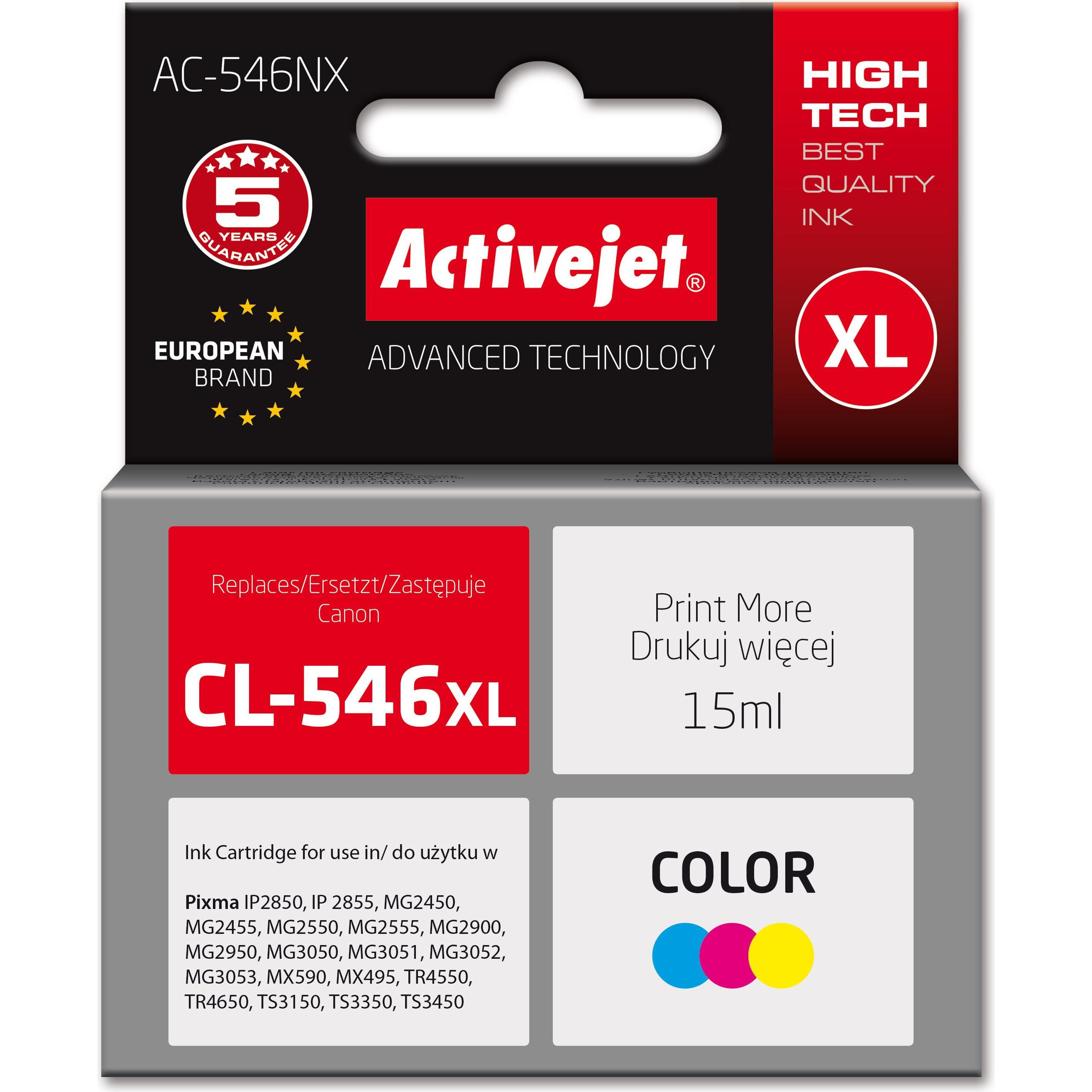 Activejet, Cartucce, AC-546NX Inchiostro per stampanti Canon, inchiostro sostitutivo Canon CL-546XL Supreme da 15 ml a