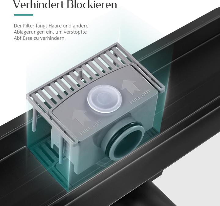 Produktbild Emke Duschrinne Edelstahl, Bodenablauf Komplettset Siphon mit Geruchsstop, Haarsieb, 500cm, Schwarz (500 mm)