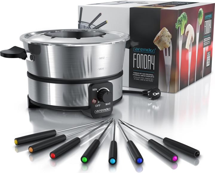 Produktbild Arendo Fondueset Edelstahl für 8 Personen - Fondue elektrisch - 1000 W Heizplatte - Set mit 8 Gabeln (Fondue Chinoise, Fondue Bourguignonne)