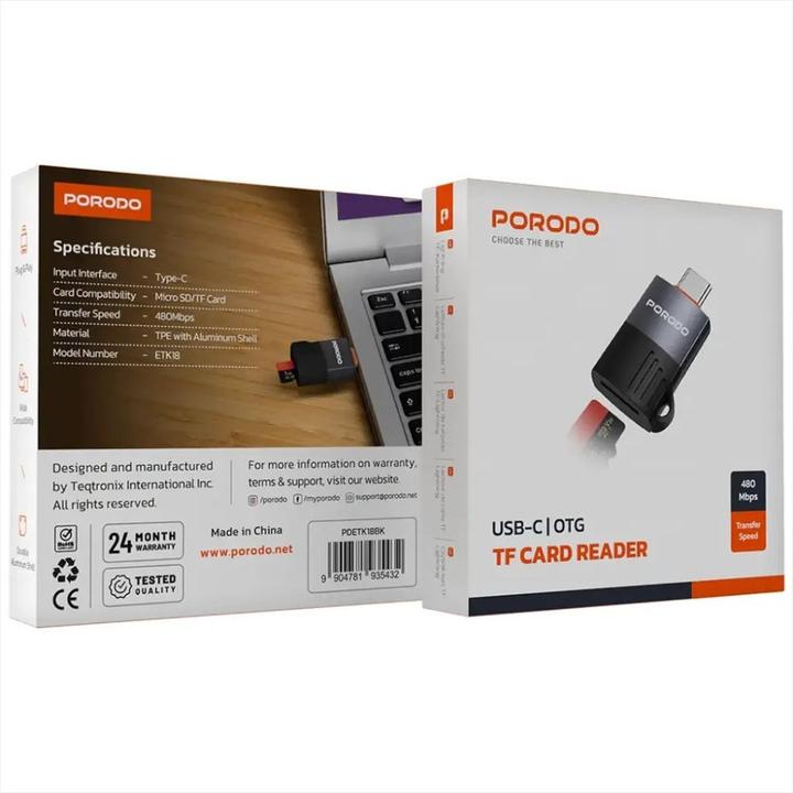 Produktbild Porodo USB-C OTG TF Kartenleser - Schwarz (USB 2.0)
