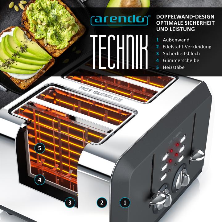 Actual product image Arendo Stainless steel toaster 4 slices, automatic, stainless steel, heat-insulating double-walled