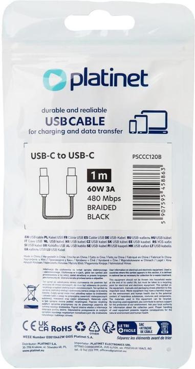 Actual product image Platinet USB-C to USB-C 60W braided cable 1m black (1 m, USB 2.0, 60 W)