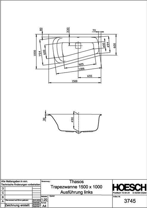Image du produit Hoesch Baignoire trapézoïdale THASOS 1500x1000x490mm li we (200 l, 154 cm, 100 cm)